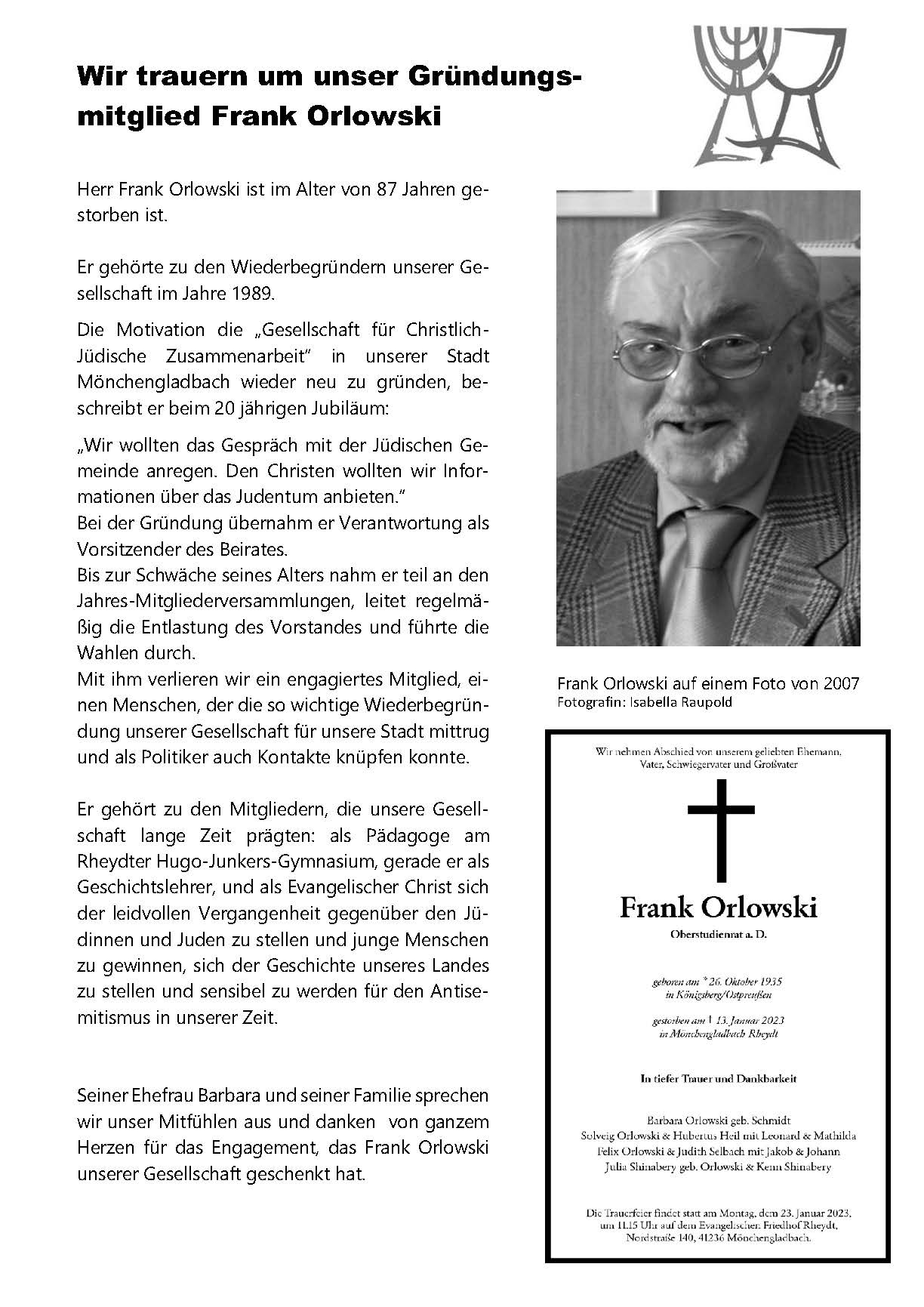 Nachruf Frank Orlowski (c) GCJZ